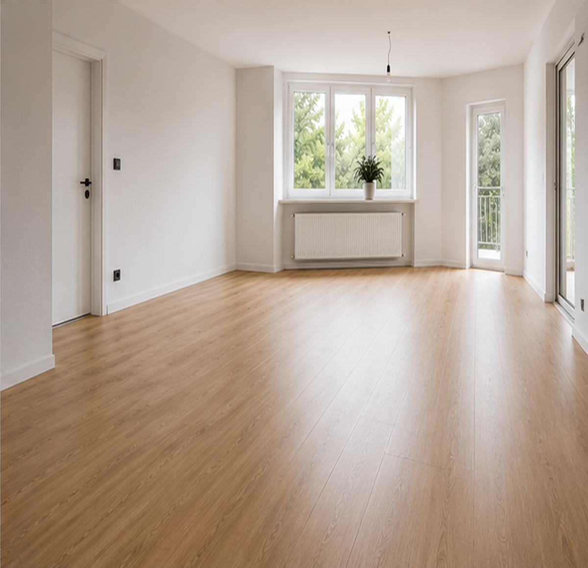 Fertig verlegter Vinylboden mit Sockelleisten im hellen Wohnraum